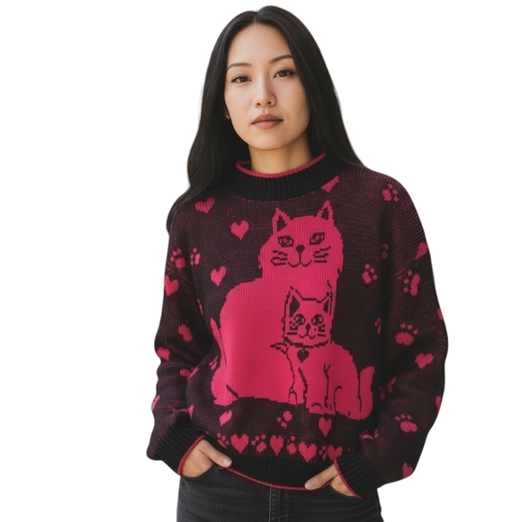 Vintage Sweaters - Vintage Feline Love Sweater in Pink and Black